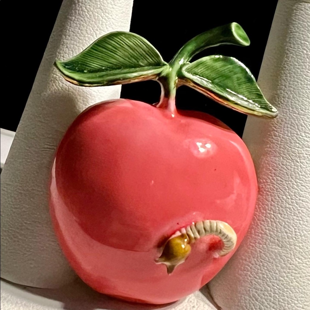 Vintage Signed Pink Apple With Worm Whimsical Brooch